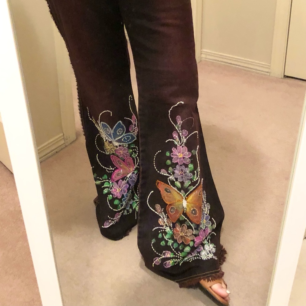 Hand painted beaded Flared Jeans